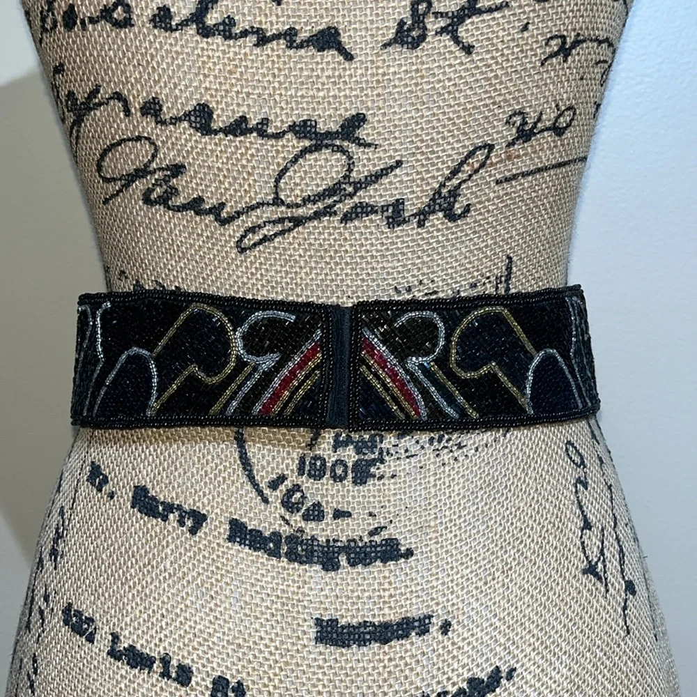 Vintage Glass Beaded Multicolored Glam Waist Belt Velcro Closure